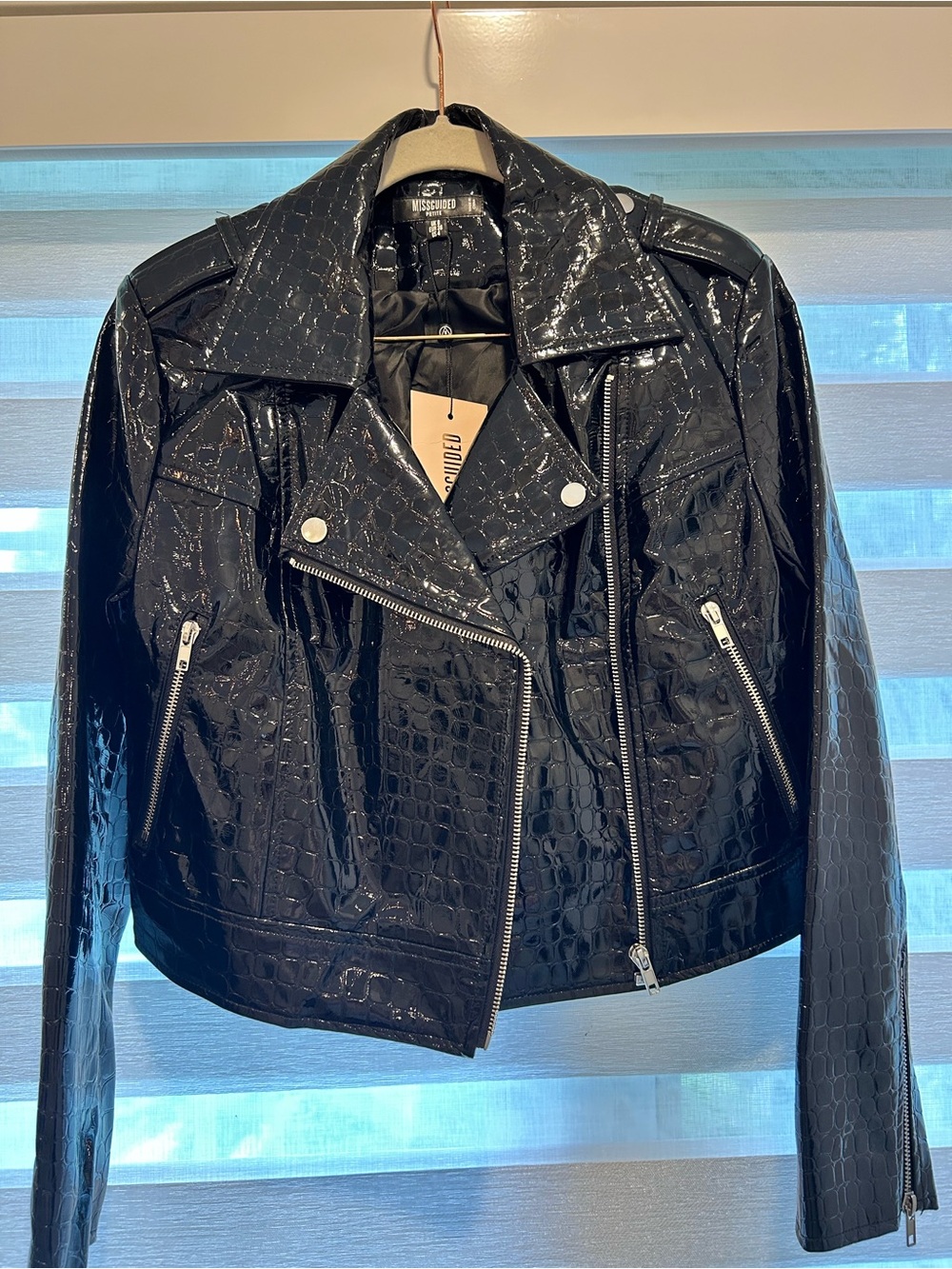Missguided + Black Faux Croc Patent Moto Jacket